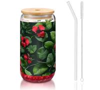 JIUTY Vegetation Leaves with Hibiscus Flowers Printing Drinking Glasses with Lids and Glass Straw,1 Pc 16 Oz Glass Cups,Beer Ice Coffee Glasses