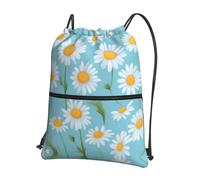 JIUTY White Daisy in Light Blue Background Print Zipper Closure Backpack, Drawstring Shoulder Bag, Compact Light for Workout and Sessions