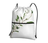 JIUTY White Wild Green Twig Print Zipper Closure Backpack, Drawstring Shoulder Bag, Compact Light for Workout and Sessions