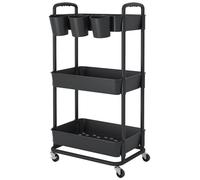 JIUYOTREE 3-Tier Plastic Rolling Storage Cart Utility Cart Black | Utility Cart with Extra Hanging Cups Arc-Shaped Handles Lockable Wheels for Living Room Bathroom Kitchen Office
