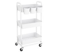 JIUYOTREE 3-Tier Plastic Rolling Storage Cart Utility Cart White | Utility Cart with Extra Hanging Cups Arc-Shaped Handles Lockable Wheels for Living Room Bathroom Kitchen Office
