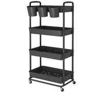 JIUYOTREE 4-Tier Plastic Rolling Storage Cart Utility Cart Black | Utility Cart with Extra Hanging Cups Arc-Shaped Handles Lockable Wheels for Living Room Bathroom Kitchen Office