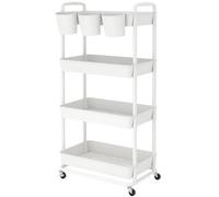 JIUYOTREE 4-Tier Plastic Rolling Storage Cart Utility Cart with Extra Hanging Cups Handles Lockable Wheels for Living Room Bathroom Kitchen Office White
