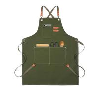 Jiuzcare Cotton Apron with Front Pockets - Adjustable BBQ Apron with Leather Coated Drawstring - Suitable for Kitchen Grill - Handmade - Army Green, 76x68cm
