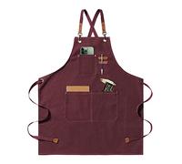 jiuzcare Mens Apron Cross Back Work Apron with Pockets BBQ Apron for Men Heavy Duty Chef Cooking Apron (Adjustable Comfortable Barista Barber) Red