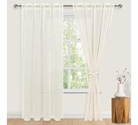 JIUZHEN Linen Sheer Curtains 84 inch Length 2 Panels Set with Tiebacks, Rod Pocket Privacy Light Filtering Textured Semi Sheer Drapes for Living Room/Bedroom，W 70 x L 84, Natural