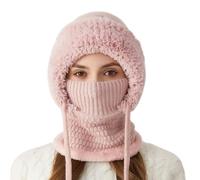Jiwyunlu Knitted Winter Hat - Winter Warm Knitted Cap with Scarf and Face Shield - Windproof Snood Hood Hat, Flexible Fit Design, for Women's Outdoor Activities Such as Skiing and Mountaineering Pink