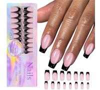 Jixcderm Long Square Press Nails,Long Square Black Press Nails | Classic French Design Soft Gel Nail Tips for Daily Life, School, Party, Dating, Work