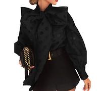 JIXUAN Female Casual Big Bow Collar Blouse Polka Dot Lace Up Lantern Sleeve Shirt Vintage Style Long Sleeve Blouse Streetwear Shirt Black