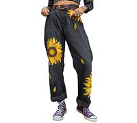 JIXUAN Women Vintage Loose Jeans Fashion Sunflower Print Denim Pants Retro Girls Straight Trousers Boyfriend Style Jeans Streetwear
