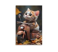 JIYAYCU Animal Artwork Poster Cute Kitten on Electric Car Decorative Painting Canvas Art Picture 24x36inch(60x90cm)