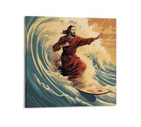 JIYAYCU Extreme Sports Poster Jesus' Surfing Adventure Decorative Painting Canvas Art Picture 20x20inch(50x50cm)
