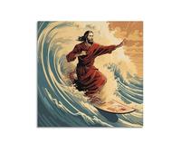 JIYAYCU Extreme Sports Poster Jesus' Surfing Adventure Decorative Painting Canvas Art Picture 24x24inch(60x60cm)