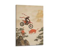 JIYAYCU Extreme Sports Poster Motorcycle Warrior Soaring Over Mountains Decorative Painting Canvas Art Picture 20x30inch(50x75cm)