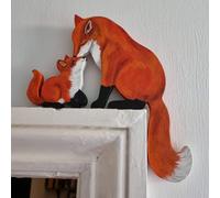 Jiyikua Mama and Baby Fox Door Topper Adorable Fox Shape Statue Door Corner Sculpture for Handcrafted Wood Decor Sign, Creative Wooden Art Figurine Ornament for Garden (FIRE Fox (Mam Baby))