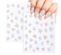 JIYIN 2 Sheets 3D Embossed Flower Nail Art Stickers, Self-Adhesive Summer DIY Flowers Manicure Decals for Women, Soft Glue Jelly Flower Nail Art Stickers Shiny Aurora Shell Floral Nails Design Sticker