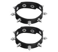JIYIN 2Pcs Punk Rock Leather Bracelets, Adjustable Leather Studded Bracelet Black Emo Bracelets Gothic Jewelry for 80s 90s Vintage Womens Men Halloween Christmas Punk Gift(2 Short Head)