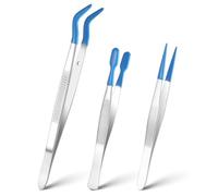 JIYIN 3 Pieces Tweezers with Rubber Tips, Long Tweezers with Rubber Tips Non-Slip Flat Bent Pointed Tip Tweezers Industrial Tweezers Tools for Crafts Stamps Beads Jewelry(3PCS)