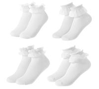 JIYIN 4 Pairs Womens Ruffle Socks, White Lace Frilly Socks Breathable Cotton Crew Ankle Socks for Women and Girls