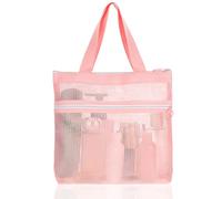 JIYIN Mesh Shower Caddy Bag, Small Pink Portable Hanging Toiletry Tote Bag with Zipper for Women, Shower Caddy Quick Dry Mesh Tote Bags for Gym Travel Camp Beach for Sunscreen Dorm & College Essential