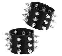 JIYIN Punk Rock Leather Rivet Bracelets - 2 Pcs Spiked Studded Gothic Wrist Cuffs With Adjustable Wide Strap for Men and Women 80s