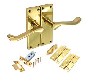 Jiyo.Outdoor Polished Brass Victorian Scroll Latch Internal Lever Latch Door Handles & Fixings Set