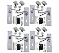 Jiyo.Outdoor Victorian Scroll Door Handle Lock in Polished Chrome with 2 Lever Lock & Hinges - 4 Sets