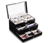 Jiytivity 3 Tier Leather Watch Organiser 12 Slot Watch Display Case 6 Slot Sunglasses Storage Jewellery Box with Large Glass Lid for Men Women Earrings Rings Bracelets Giftsc