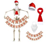 Jiytivity 6 Pcs 12 ft Skeleton Christmas Accessories Set Santa Claus Outfit Include Santa Hat and Scarf Banner Fake Beard for Xmas Garden Lawn Outdoor Decoration, Skeleton Not Included