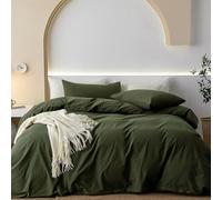 JIYUAN 100% Washed Cotton Duvet Cover Comfy Simple Style Solid Color Soft Breathable Textured Durable Linen Feel Bedding Sets for All Seasons King Size, Olive Green