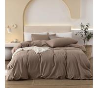 JIYUAN 100% Washed Cotton Duvet Cover Set Comfy Simple Style Soft Breathable Textured Durable Linen Feel Bedding for All Seasons King, Solid Brown