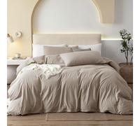 JIYUAN 100% Washed Cotton Duvet Cover Set Comfy Simple Style Soft Breathable Textured Durable Linen Feel Bedding for All Seasons Queen, Solid Tannish Linen Grey