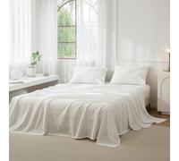 JIYUAN 100% Washed Cotton Sheet Set 4 Pieces Full,1 Fitted Sheet,1 Flat Sheet and 2 Pillowcases,Comfy and Breathable Linen Like Bedding Set,Bright White