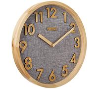 JIYUERLTD 12 inches Wall Clock Kitchen Clock Silent Non-Ticking Quartz 3D Wood Numbers Display, Wood Frame with Linen Face Clock for Home Office Classroom School. (Natural wood-Gray Iinen)