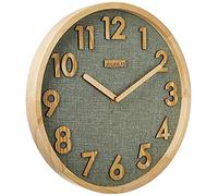 JIYUERLTD 12 inches Wall Clock Kitchen Clock Silent Non-Ticking Quartz 3D Wood Numbers Display, Wood Frame with Linen Face Clock for Home Office Classroom School. (Natural wood+Green Linen)
