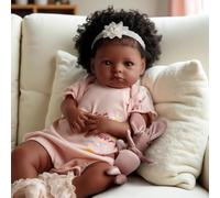 JIZHI Reborn-Baby Dolls 20 Inch Lifelike Black Girl Soft Body African Realistic Newborn Babies Doll Real Life Taupe Eye Caramel Skin Curly Hair Gift for Kids Age 3+,Pink