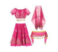 JIZYO Kids Girls Belly Dance Crop Top And Skirt Headscarf Headwear Arabian Princess Carnival Party Set Hot Pink 5-8 Years