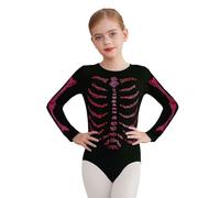 JIZYO Kids Girls Gothic Skeleton Costume Black Skull Bone Print Rhinestone Jumpsuit for Cosplay Fancy Ball Hot Pink 5-6 Years
