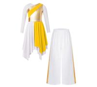 JIZYO Kids Girls Long Sleeve Asymmetrical Lyrical Praise Liturgical Worship Dance Dress Tunic And Wide Leg Pants Set Yellow 15-16 Years