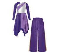 JIZYO Kids Girls Long Sleeve Asymmetrical Lyrical Praise Liturgical Worship Dance Dress Tunic And Wide Leg Pants Set Purple 15-16 Years