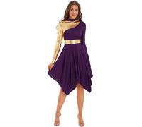 JIZYO Women Long Sleeve Praise Dance Dress Liturgical Metallic Color Block Robe Worship Dresses Dark Purple S