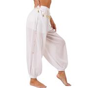JIZYO Women's Belly Dance Performance Costume Split Sequins Bloomers Semi See-Though Lantern Pants White One Size