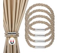 JIZZU 4 PCS Magnetic Curtain Tie Backs, Curtain Rope Holdbacks with Strong Magnet, Modern Decorative Weave Rope Curtain Holdbacks for Home & Office Thin Window Draperies (Yellowish Brown)