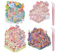 JIZZU 4 Sets Large DIY Stickers Scene for Kids, 23.5 x 20cm Sticker Therapy Adults, 3D House Stickers for Kids, DIY Crafts with Tweezers, Funny Cartoon Scenes Sticker for Relief Stress, Pass The Time
