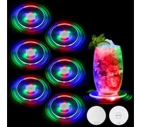 JIZZU Set of 6 Light-Up Acrylic Coasters, Colorful LED Coasters for Drinks | ON/OFF Light Up Coaster with 12Pcs Replaceable Batteries, Waterproof Beer Cocktail Coaster for Party Weddings Bar Christmas