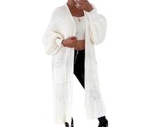 JJ CLOTHING BC1 Ladies Long Maxi Knitted Cardigan Balloon Sleeve 2 Pocket Womens Open Front Boyfriend Cardigans Top UK 8-22 (Cream, One Size)