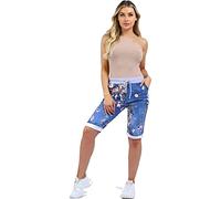 JJ CLOTHING Womens Italian Shorts Plain Floral Star Camouflage Print Elastic Waist Turn Up Side Pockets - Ladies Summer Beach Knee Length Trouser Capri Pants UK 8-22 (Dark Denim Floral, 20-22)