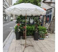 JJ Home Vintage Garden Parasol with Fringed, Outdoor Patio Umbrella for Dining Table, Backyard, Deck, Lawn - Holiday Beach Sunshade in Antique White