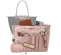 JJ PRIME 15 Pockets Handbag Organiser Insert with Small Coin Purse Women | Large Bag Organiser for Longchamp | Handbag Insert with Coin Bag with Zipper - Pink Long Champ Bag Organizer