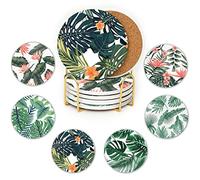 JJ PRIME - Ceramic Coasters Set Of 6 | Absorbent Coasters With Holder | Drink Coasters with Cork Based - Non Scratch, Anti Slip Glass Coasters House Warming Gifts (Leaves)